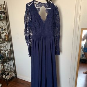 Awaken my love navy blue long sleeve lace maxi